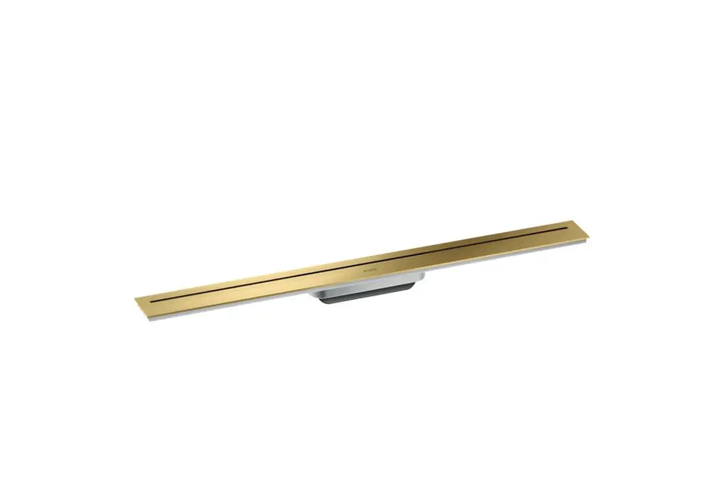 Duschrinne mit schmalem, länglichem Design in gebürstetem Messingfinish, hergestellt von AXOR. Das Produkt ist flach und hochwertig gestaltet, geeignet für moderne Badezimmer.